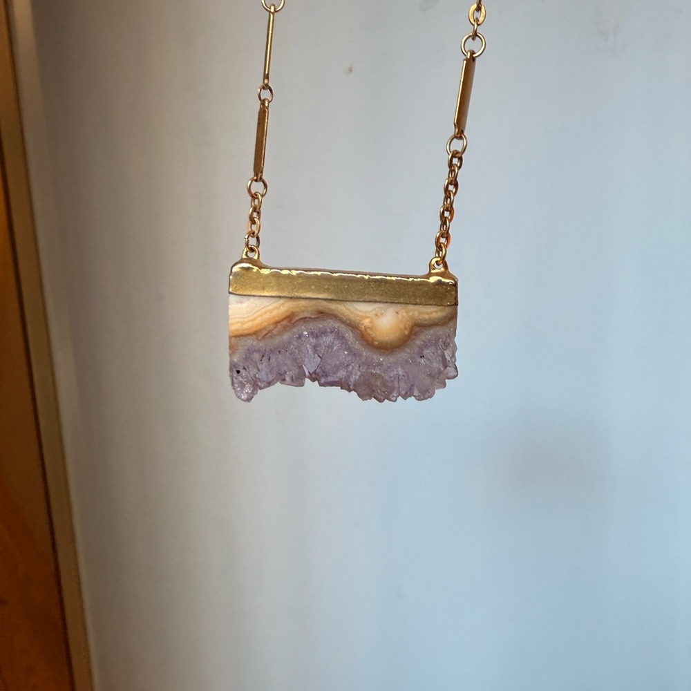 Rectangular Gold Played Amethyst Geode Slice Pend… - image 2